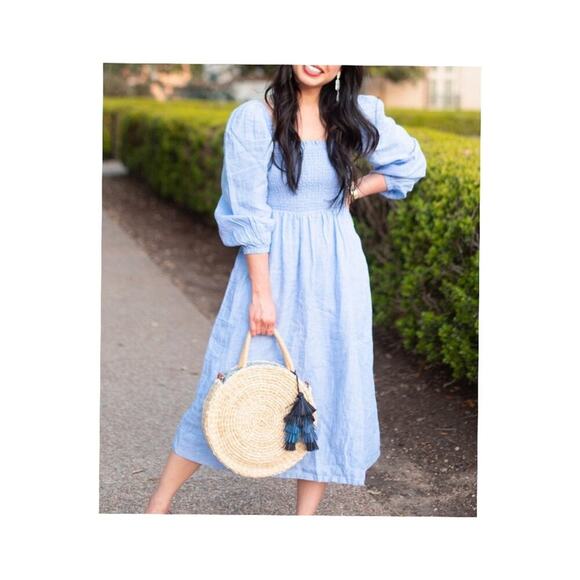 J.Crew Linen Daydream Smocked Puff-Sleeve Midi Dress – Size S – French Blue - Picture 1 of 8